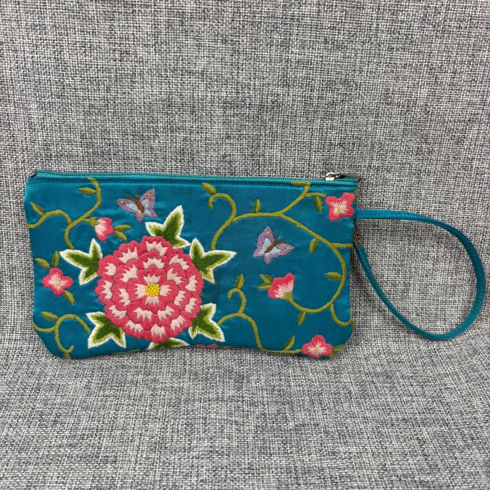 DV Dolce Vita Satin Wristlet Embroidered Turquoise Floral Butterflies Handmade